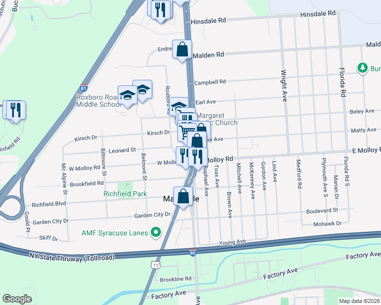 map of restaurants, bars, coffee shops, grocery stores, and more near 2217 Brewerton Road in Syracuse