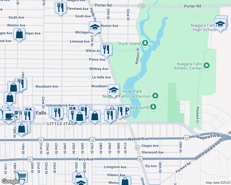 map of restaurants, bars, coffee shops, grocery stores, and more near 1006 Hyde Park Boulevard in Niagara Falls