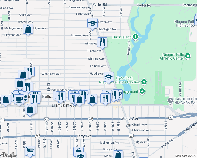 map of restaurants, bars, coffee shops, grocery stores, and more near 2750 Forest Avenue in Niagara Falls