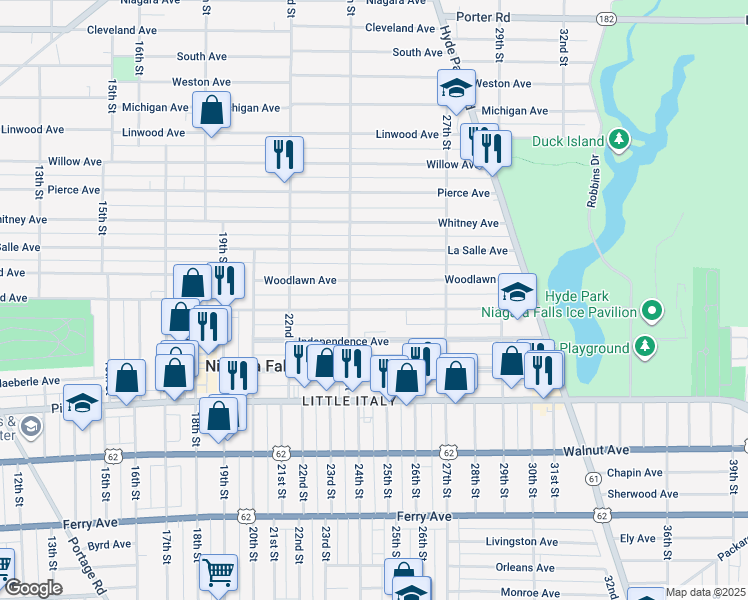 map of restaurants, bars, coffee shops, grocery stores, and more near 2431 Forest Avenue in Niagara Falls