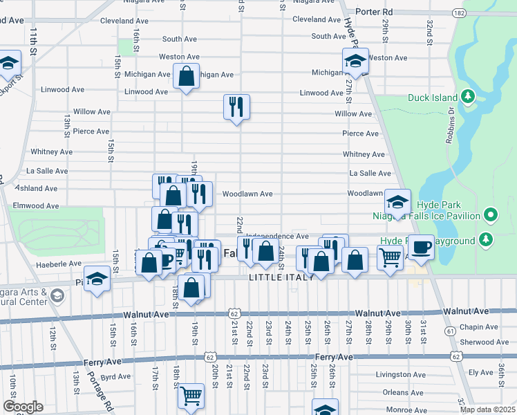 map of restaurants, bars, coffee shops, grocery stores, and more near 2226 Forest Avenue in Niagara Falls