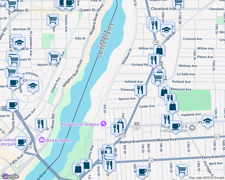 map of restaurants, bars, coffee shops, grocery stores, and more near 1001 Whirlpool Street in Niagara Falls