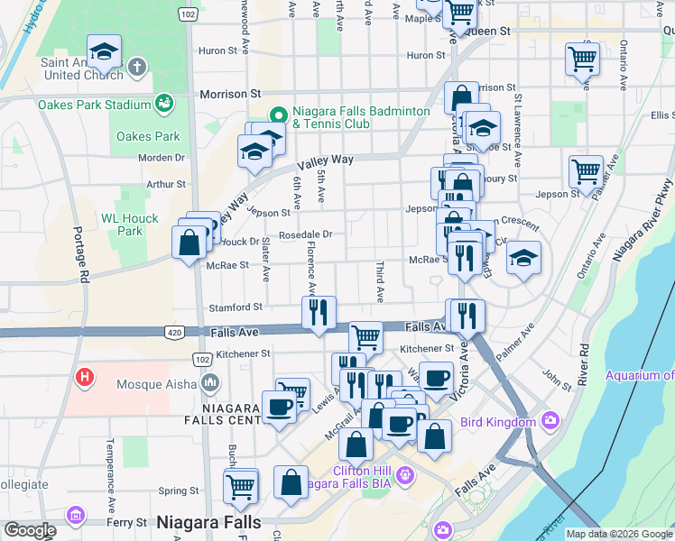 map of restaurants, bars, coffee shops, grocery stores, and more near in Niagara Falls