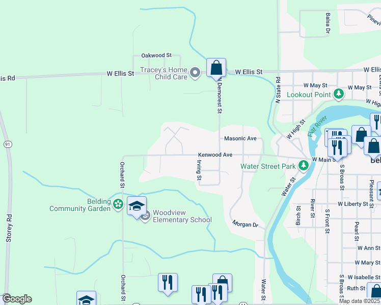 map of restaurants, bars, coffee shops, grocery stores, and more near 1211 Kenwood Avenue in Belding