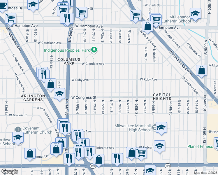 map of restaurants, bars, coffee shops, grocery stores, and more near 4430 North 71st Street in Milwaukee