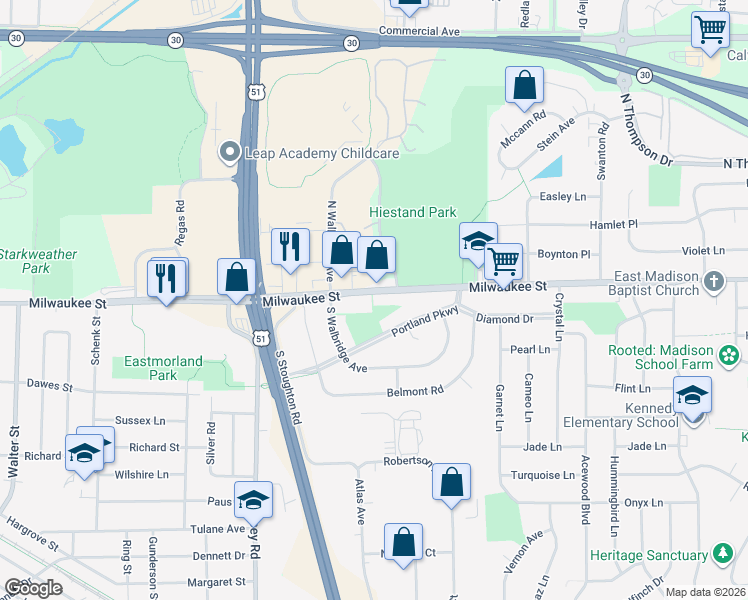 map of restaurants, bars, coffee shops, grocery stores, and more near 4219 Milwaukee Street in Madison