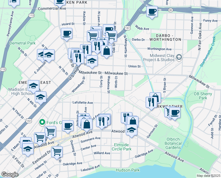 map of restaurants, bars, coffee shops, grocery stores, and more near 61 Waubesa Street in Madison