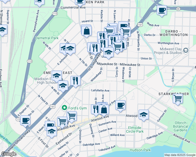 map of restaurants, bars, coffee shops, grocery stores, and more near 121 Division Street in Madison