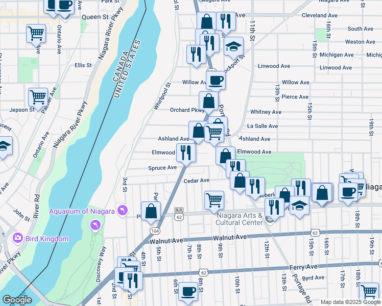 map of restaurants, bars, coffee shops, grocery stores, and more near Main Street in Niagara Falls
