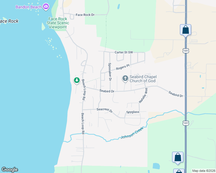 map of restaurants, bars, coffee shops, grocery stores, and more near 2994 Spinnaker Drive in Bandon