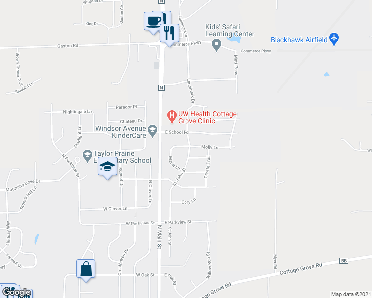 map of restaurants, bars, coffee shops, grocery stores, and more near 100 Maria Lane in Cottage Grove