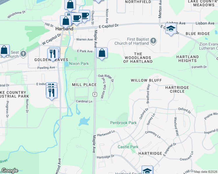 map of restaurants, bars, coffee shops, grocery stores, and more near 464 Oak Ridge Drive in Hartland