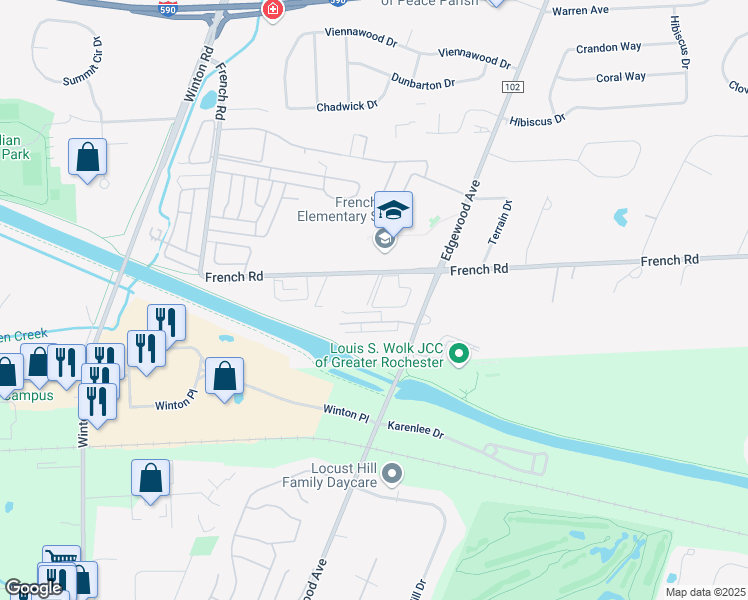 map of restaurants, bars, coffee shops, grocery stores, and more near 201 Chartwell Court in Rochester