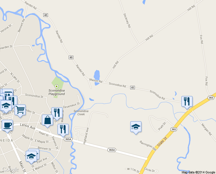 map of restaurants, bars, coffee shops, grocery stores, and more near 3804 Sconondoa Rd in Oneida