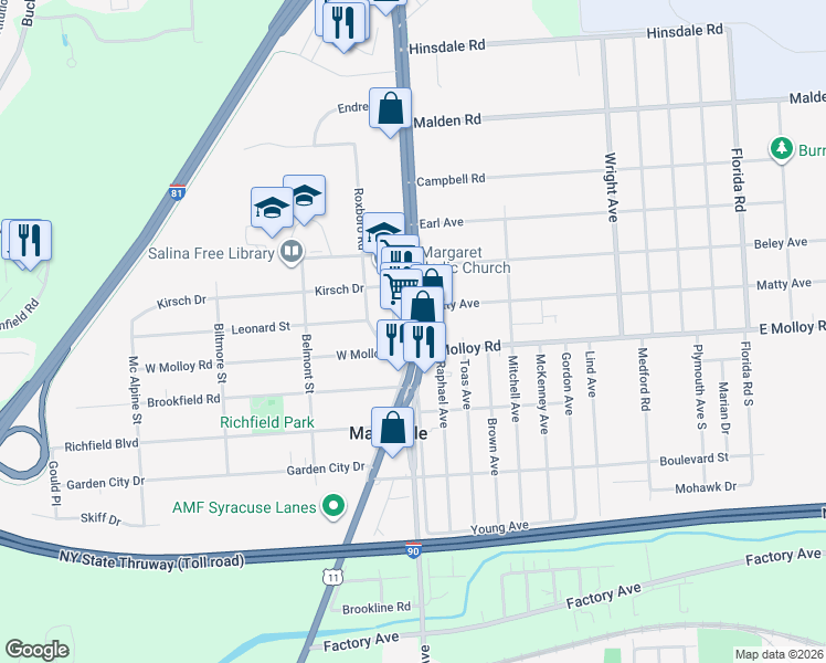 map of restaurants, bars, coffee shops, grocery stores, and more near 2217 Brewerton Road in Syracuse