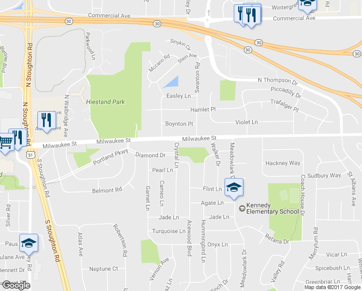 map of restaurants, bars, coffee shops, grocery stores, and more near 5 Crystal Lane in Madison