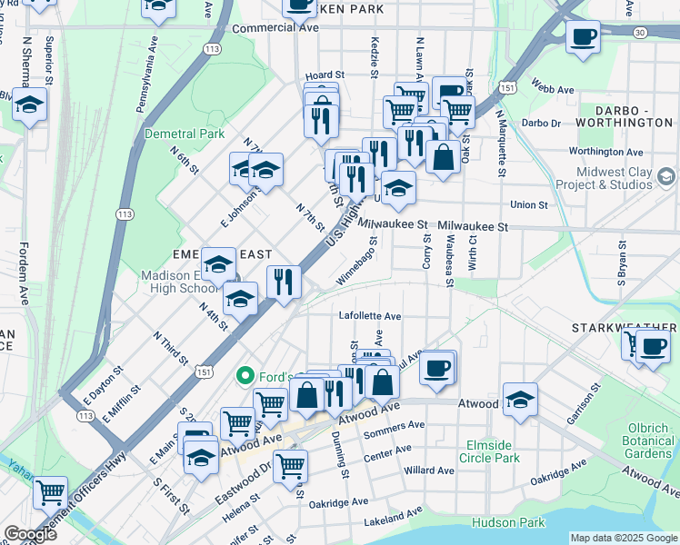 map of restaurants, bars, coffee shops, grocery stores, and more near 119 Division Street in Madison