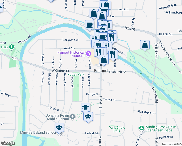 map of restaurants, bars, coffee shops, grocery stores, and more near 21 West Church Street in Fairport
