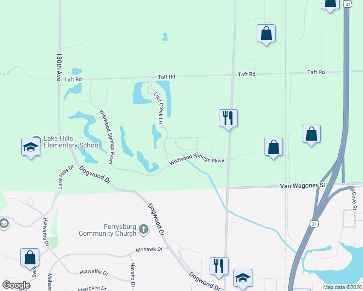 map of restaurants, bars, coffee shops, grocery stores, and more near 17798 Woodcreek Lane in Spring Lake