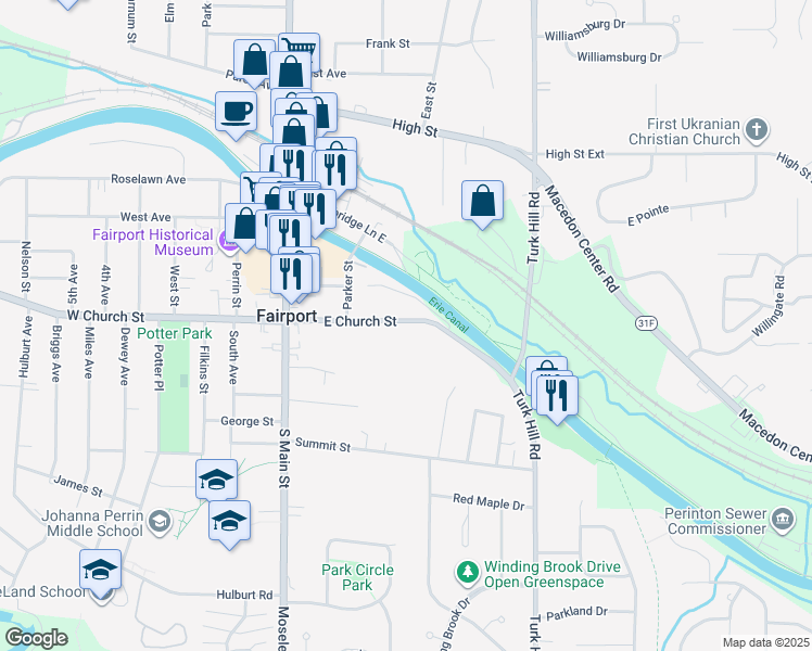 map of restaurants, bars, coffee shops, grocery stores, and more near 64 East Church Street in Fairport