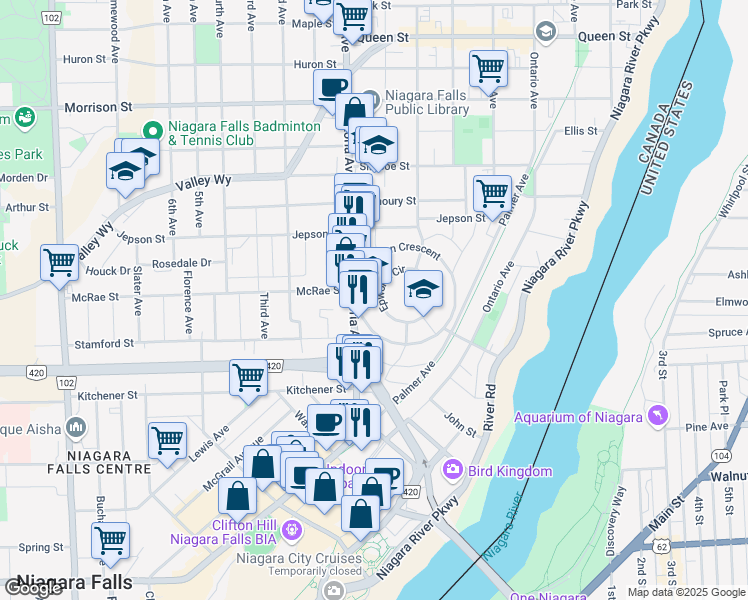 map of restaurants, bars, coffee shops, grocery stores, and more near 4762 Kincaid Place in Niagara Falls