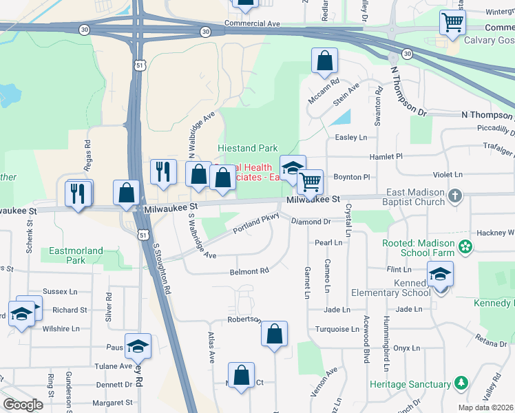 map of restaurants, bars, coffee shops, grocery stores, and more near 4317 Milwaukee Street in Madison
