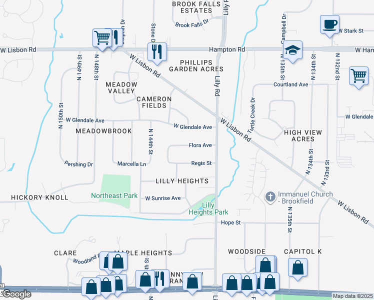 map of restaurants, bars, coffee shops, grocery stores, and more near 14225 Flora Avenue in Brookfield