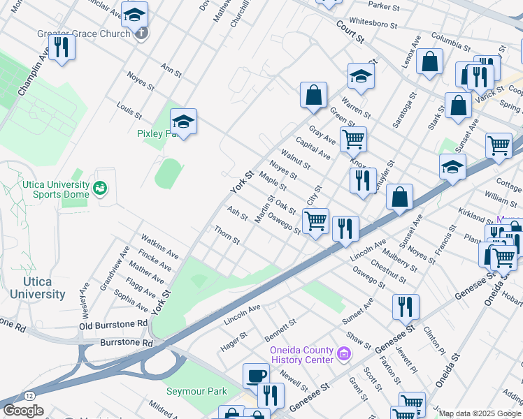 map of restaurants, bars, coffee shops, grocery stores, and more near 1302 Ash Street in Utica