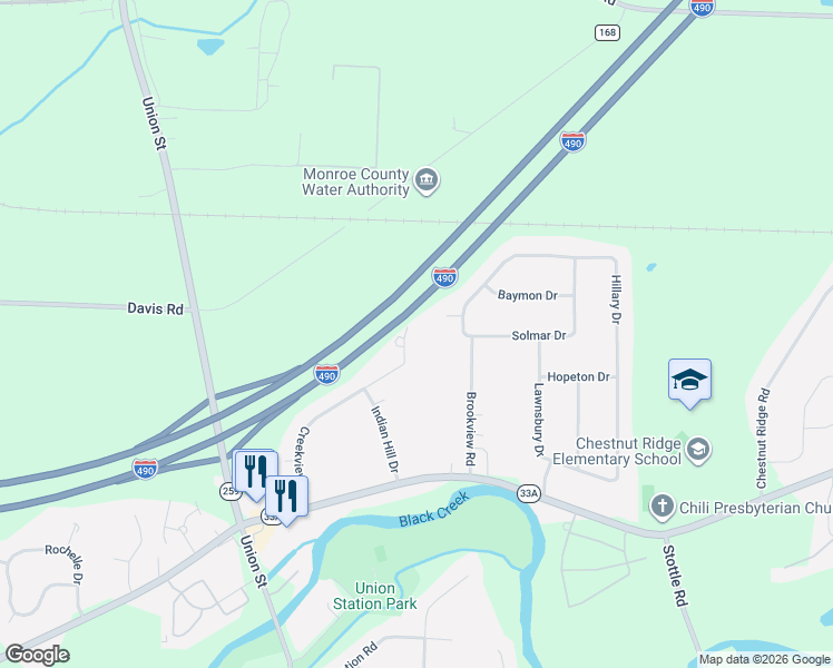 map of restaurants, bars, coffee shops, grocery stores, and more near 66 Creekview Drive in Rochester