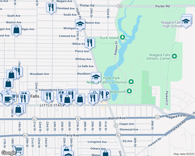 map of restaurants, bars, coffee shops, grocery stores, and more near 1006 Hyde Park Boulevard in Niagara Falls