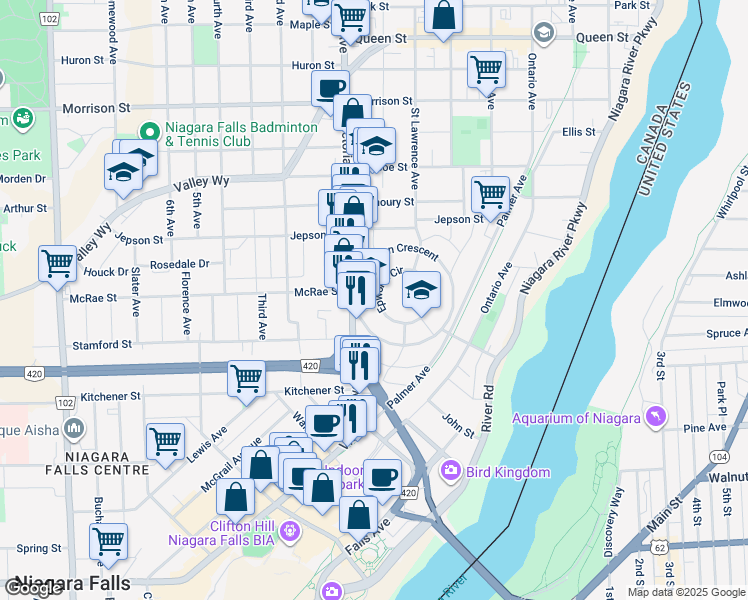 map of restaurants, bars, coffee shops, grocery stores, and more near in Niagara Falls