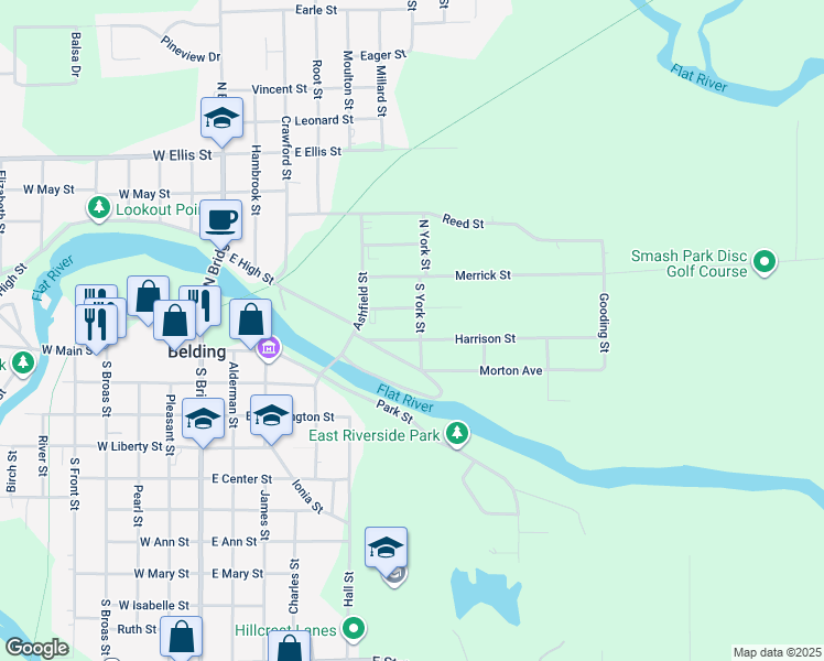 map of restaurants, bars, coffee shops, grocery stores, and more near 533 Harrison Street in Belding