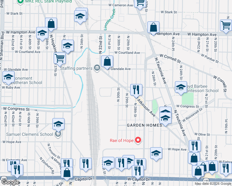 map of restaurants, bars, coffee shops, grocery stores, and more near 4435 North 30th Street in Milwaukee