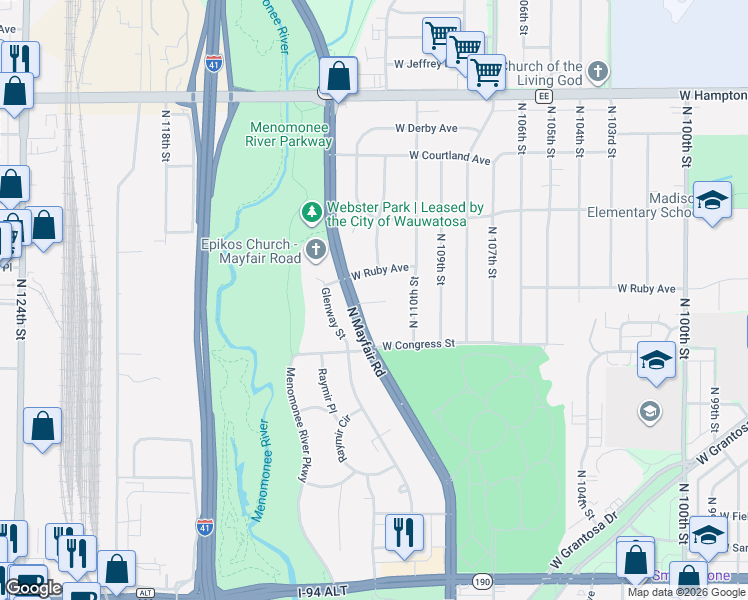 map of restaurants, bars, coffee shops, grocery stores, and more near 4400 North Mayfair Road in Wauwatosa