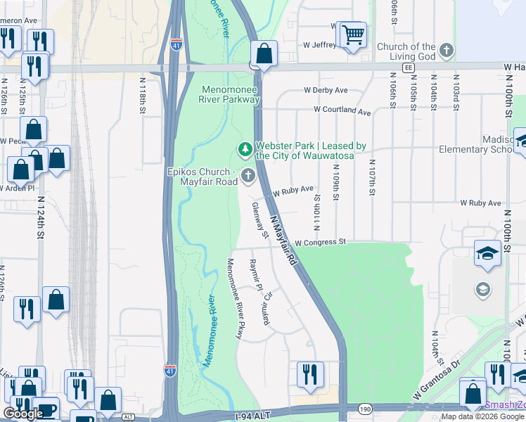 map of restaurants, bars, coffee shops, grocery stores, and more near 4447 Glenway Street in Wauwatosa