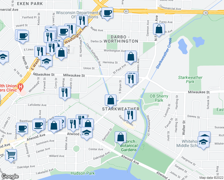 map of restaurants, bars, coffee shops, grocery stores, and more near 3141 James Street in Madison