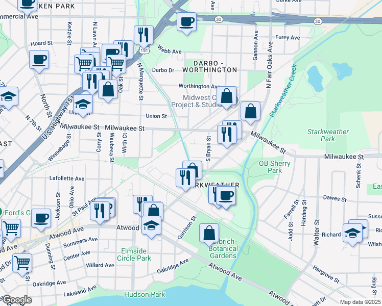 map of restaurants, bars, coffee shops, grocery stores, and more near 3141 James Street in Madison