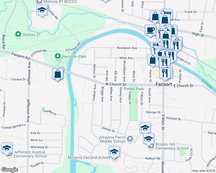 map of restaurants, bars, coffee shops, grocery stores, and more near 3 Miles Avenue in Fairport