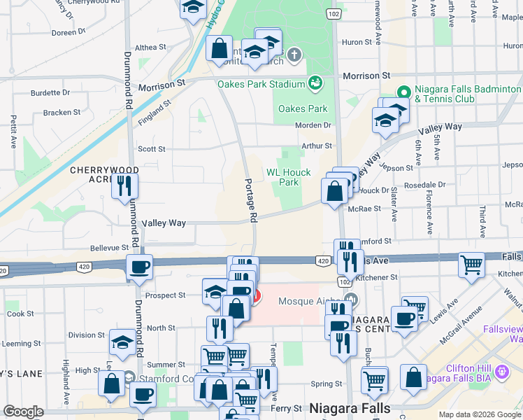 map of restaurants, bars, coffee shops, grocery stores, and more near 5796 Valley Way in Niagara Falls