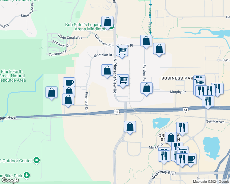 map of restaurants, bars, coffee shops, grocery stores, and more near Pleasant View Road in Middleton