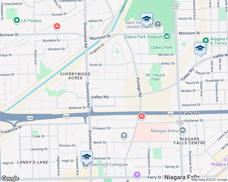 map of restaurants, bars, coffee shops, grocery stores, and more near 6009 Valley Way in Niagara Falls