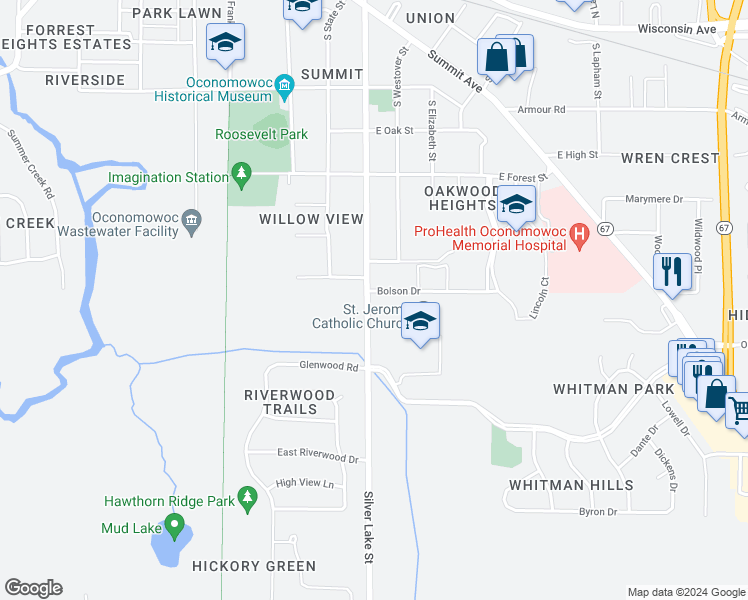 map of restaurants, bars, coffee shops, grocery stores, and more near 351 Bolson Drive in Oconomowoc