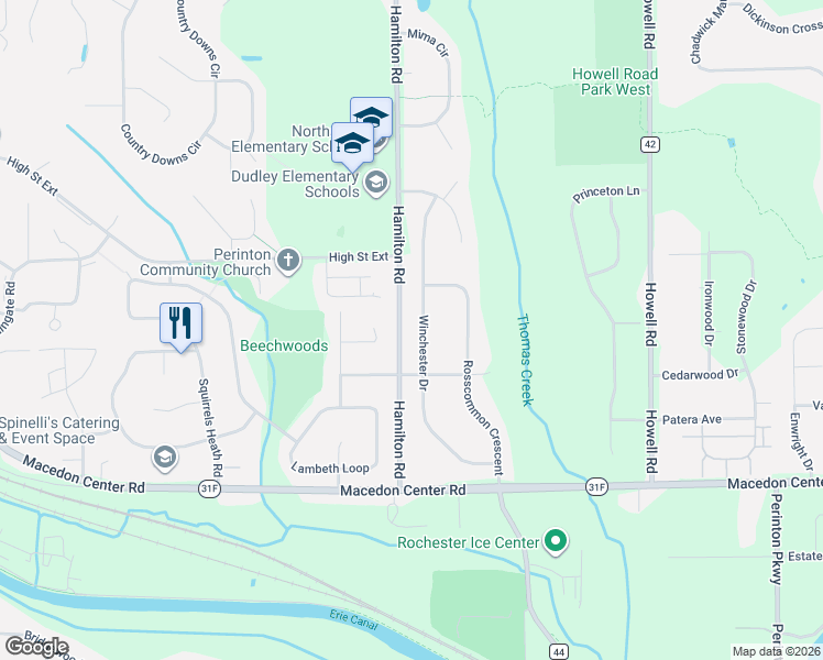 map of restaurants, bars, coffee shops, grocery stores, and more near 11 Quinton Hill Circle in Fairport