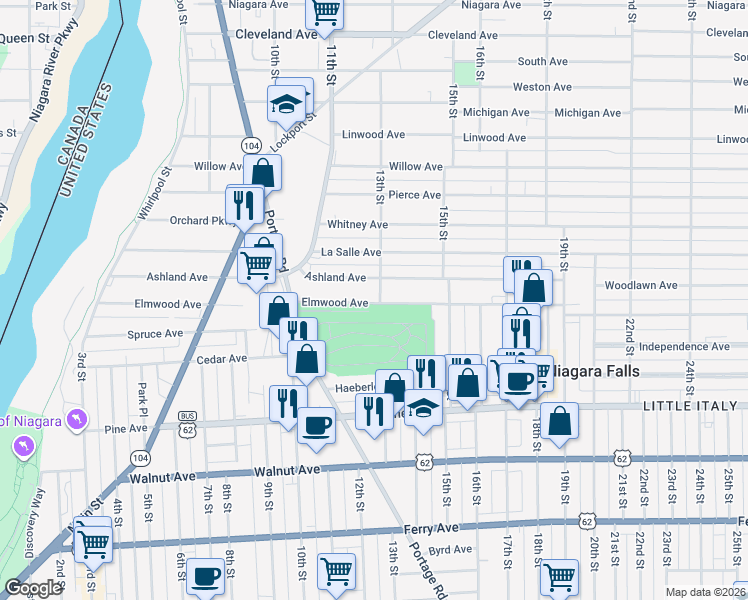 map of restaurants, bars, coffee shops, grocery stores, and more near 1002 13th Street in Niagara Falls