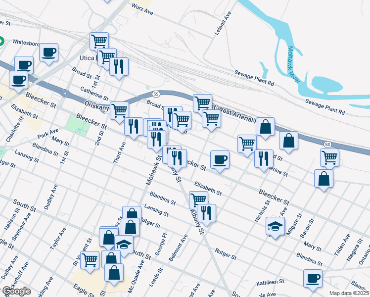 map of restaurants, bars, coffee shops, grocery stores, and more near 730 Jay Street in Utica