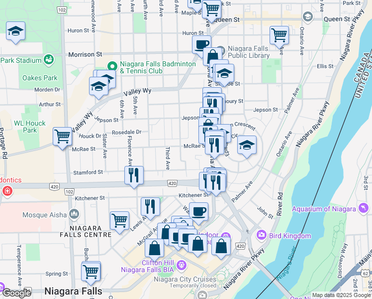 map of restaurants, bars, coffee shops, grocery stores, and more near 4926 McRae Street in Niagara Falls