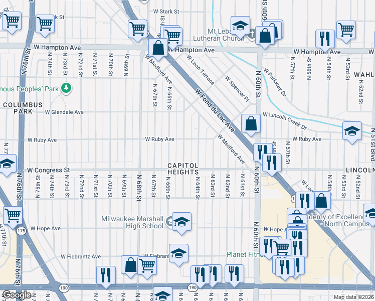 map of restaurants, bars, coffee shops, grocery stores, and more near 4434 North 65th Street in Milwaukee