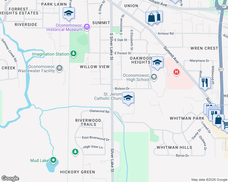 map of restaurants, bars, coffee shops, grocery stores, and more near 971 South Silver Lake Street in Oconomowoc