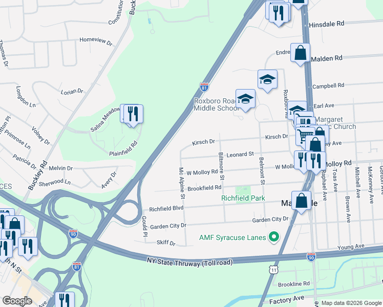 map of restaurants, bars, coffee shops, grocery stores, and more near 319 Leonard Street in Syracuse
