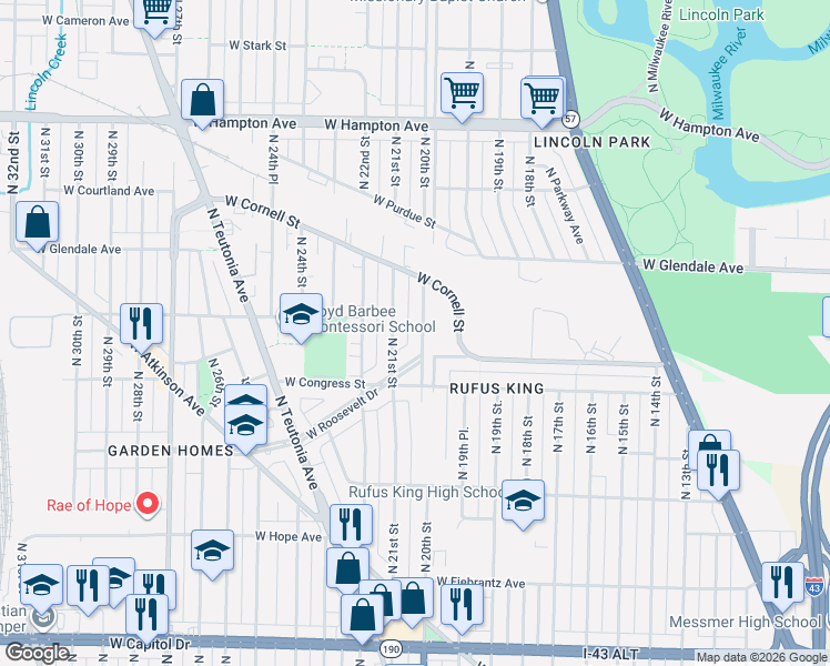 map of restaurants, bars, coffee shops, grocery stores, and more near 2000 West Roosevelt Drive in Milwaukee